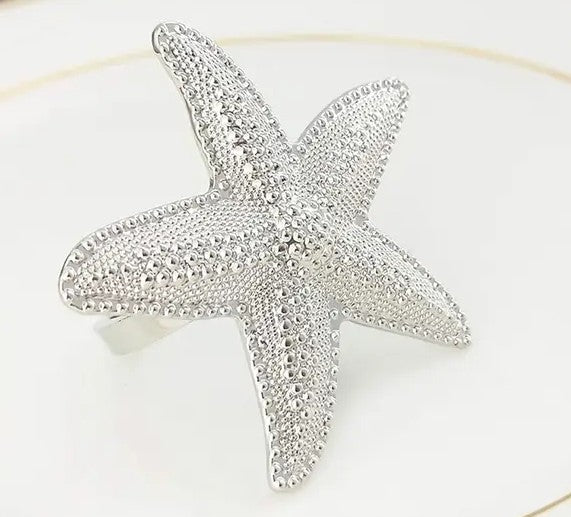Silver Coastal Starfish Metal Napkin Ring Holder (Set of 4)