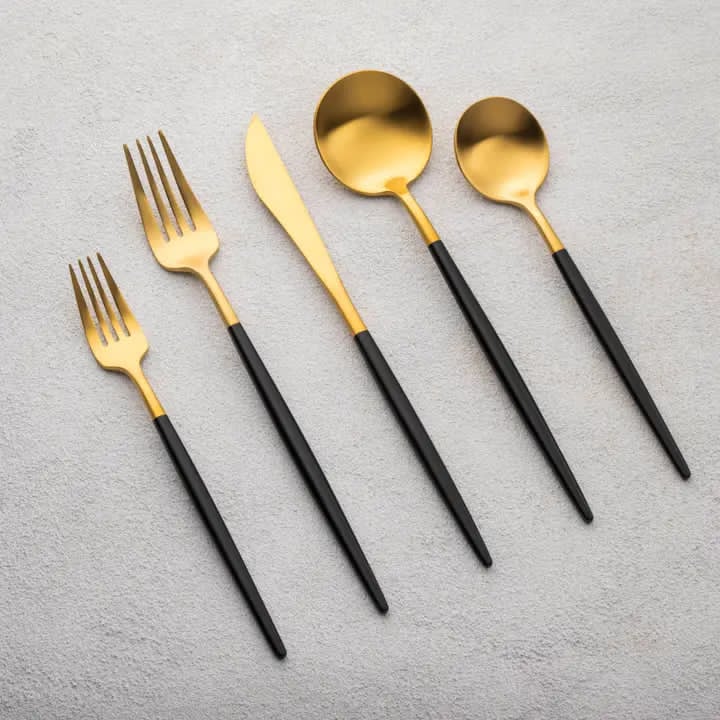 Vikko Vera Brushed Gold with Black Handle Flatware Set, 20 Pc Set, Service for 4
