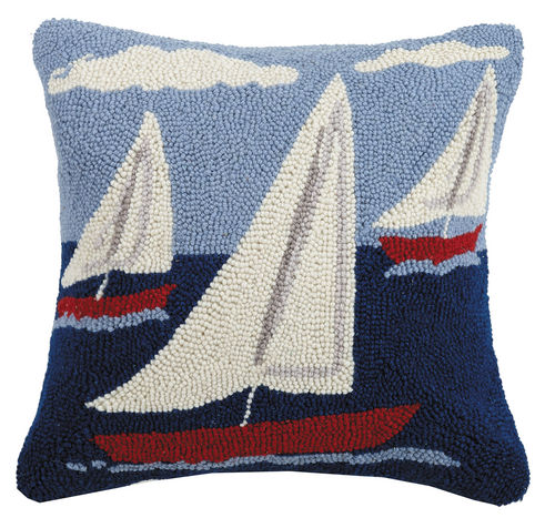Sail Boat Trio Hooked Pillow 16 in.